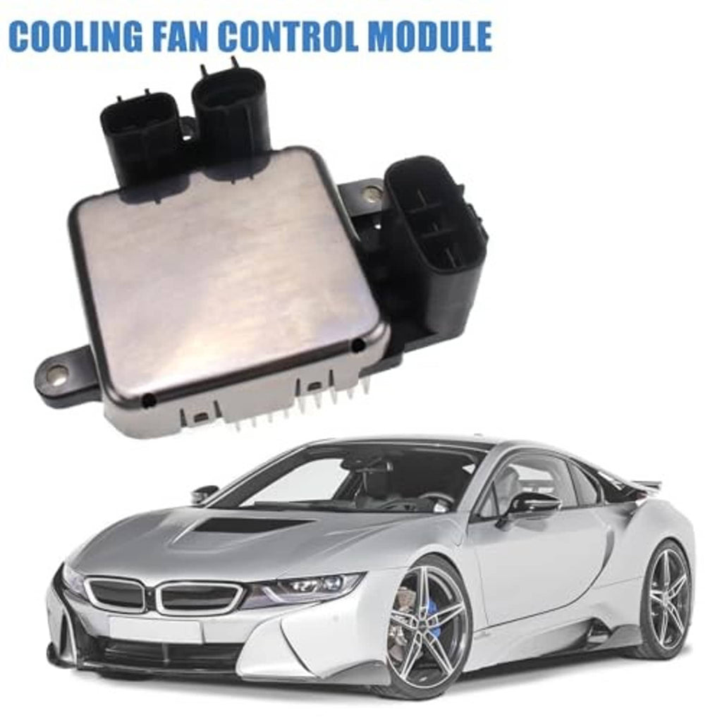 Radiator cooling fan control module with silver housing, black connectors on top, side fins