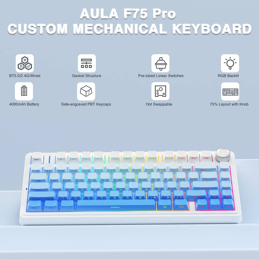 White 75% mechanical keyboard front view with blue RGB backlight and function keys