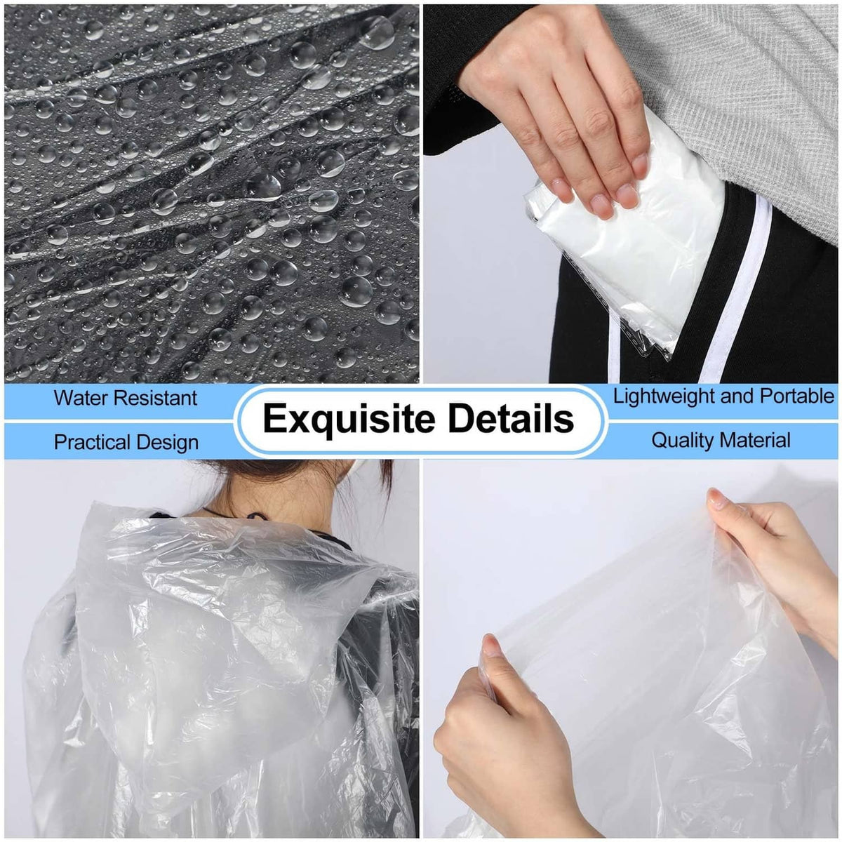 White disposable rain poncho detail: water-resistant, lightweight, portable design