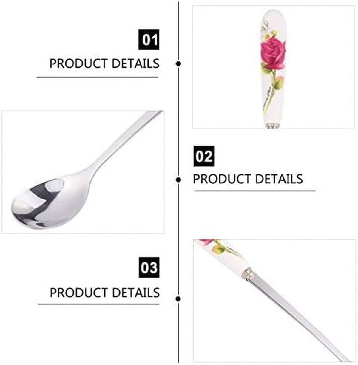 Stainless steel teaspoon details with white ceramic floral handle and reflective bowl