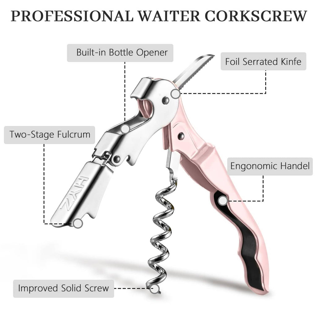 Pink waiter corkscrew key with foil serrated knife and bottle opener, stainless steel
