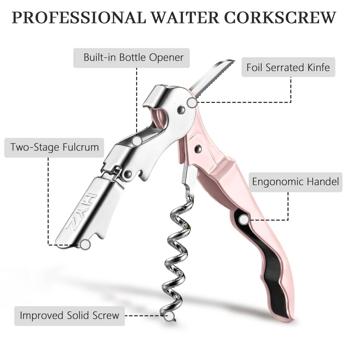 Pink waiter corkscrew key with foil serrated knife and bottle opener, stainless steel