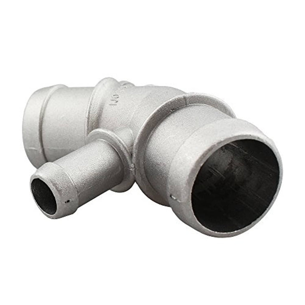 Light gray aluminum radiator coolant connector with elbow shape and dark inner bore.