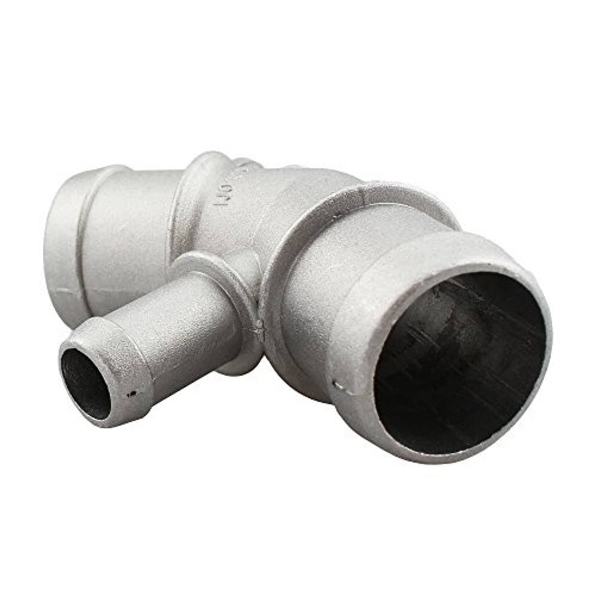 Light gray aluminum radiator coolant connector with elbow shape and dark inner bore.