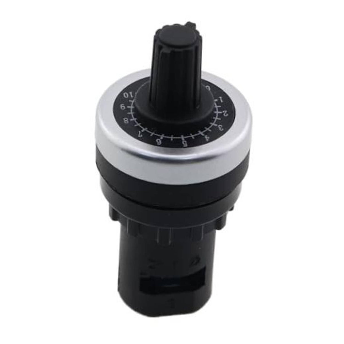 Panel-mount speed controller potentiometer with black knob and silver circular dial markings