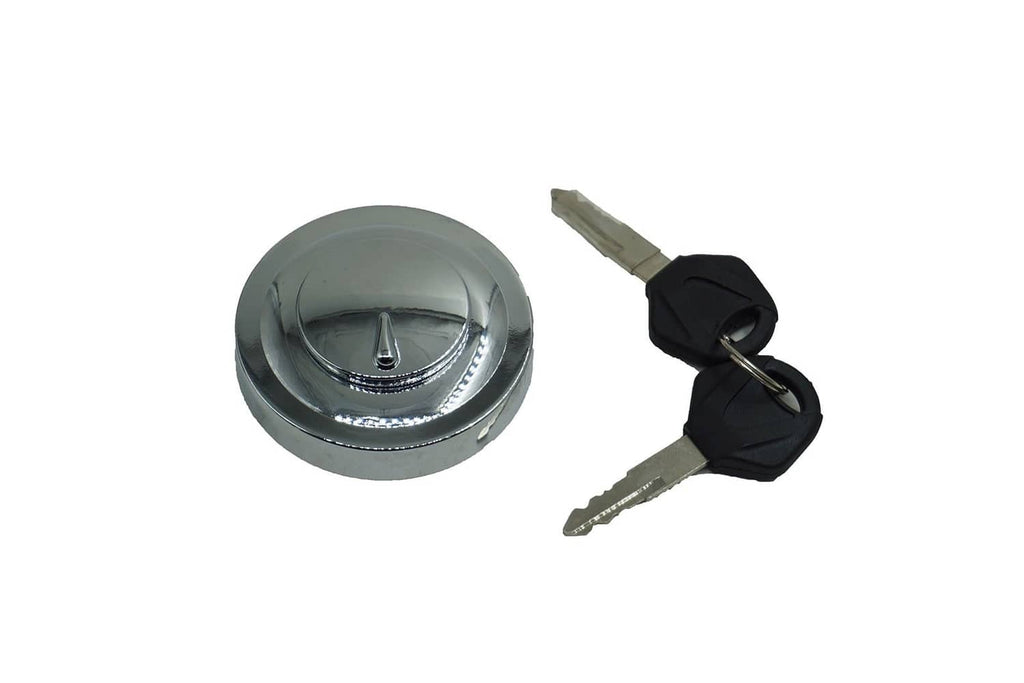 Chrome fuel cap with round lock housing and two metal keys