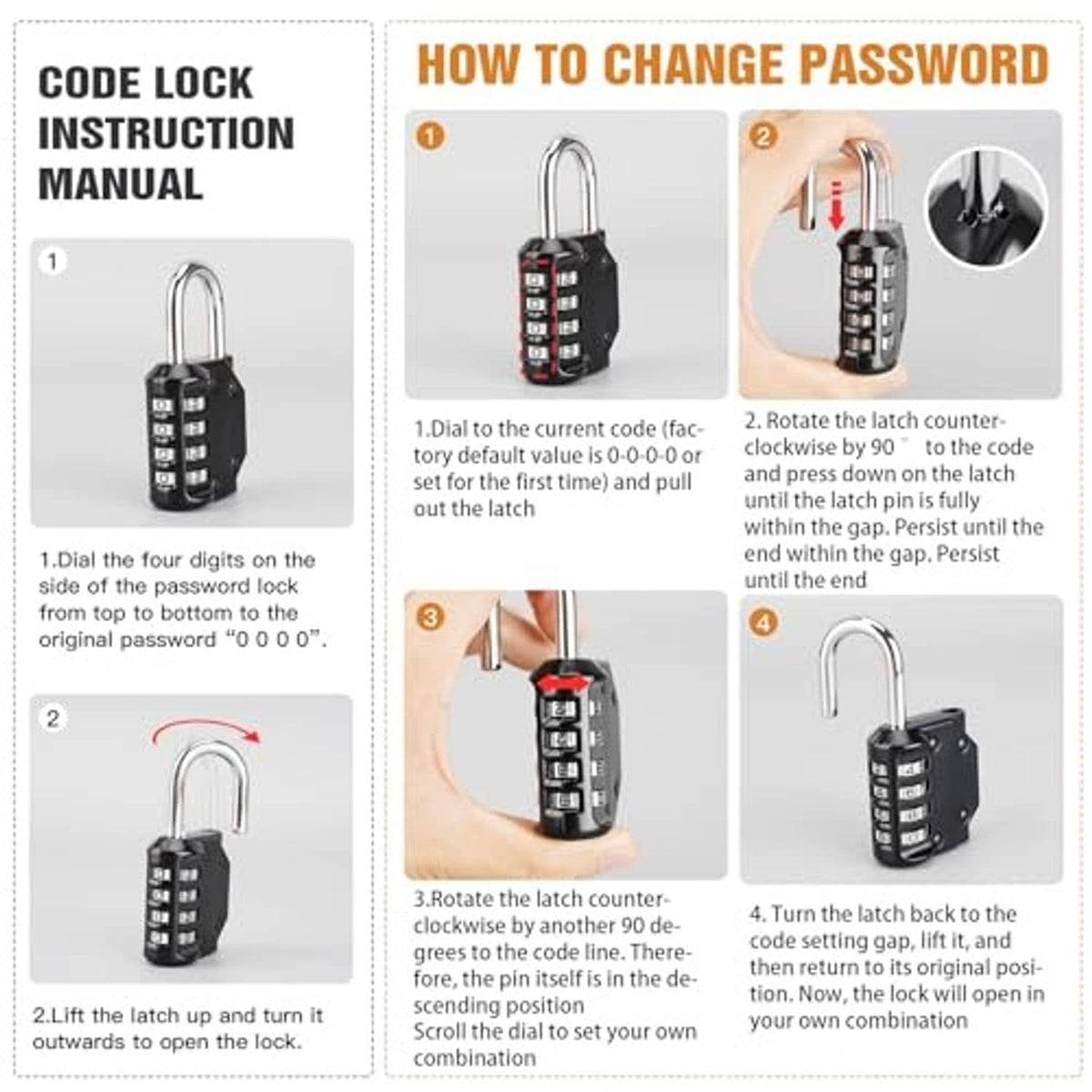 Combination door knob lock with black keypad shown with usage step diagrams