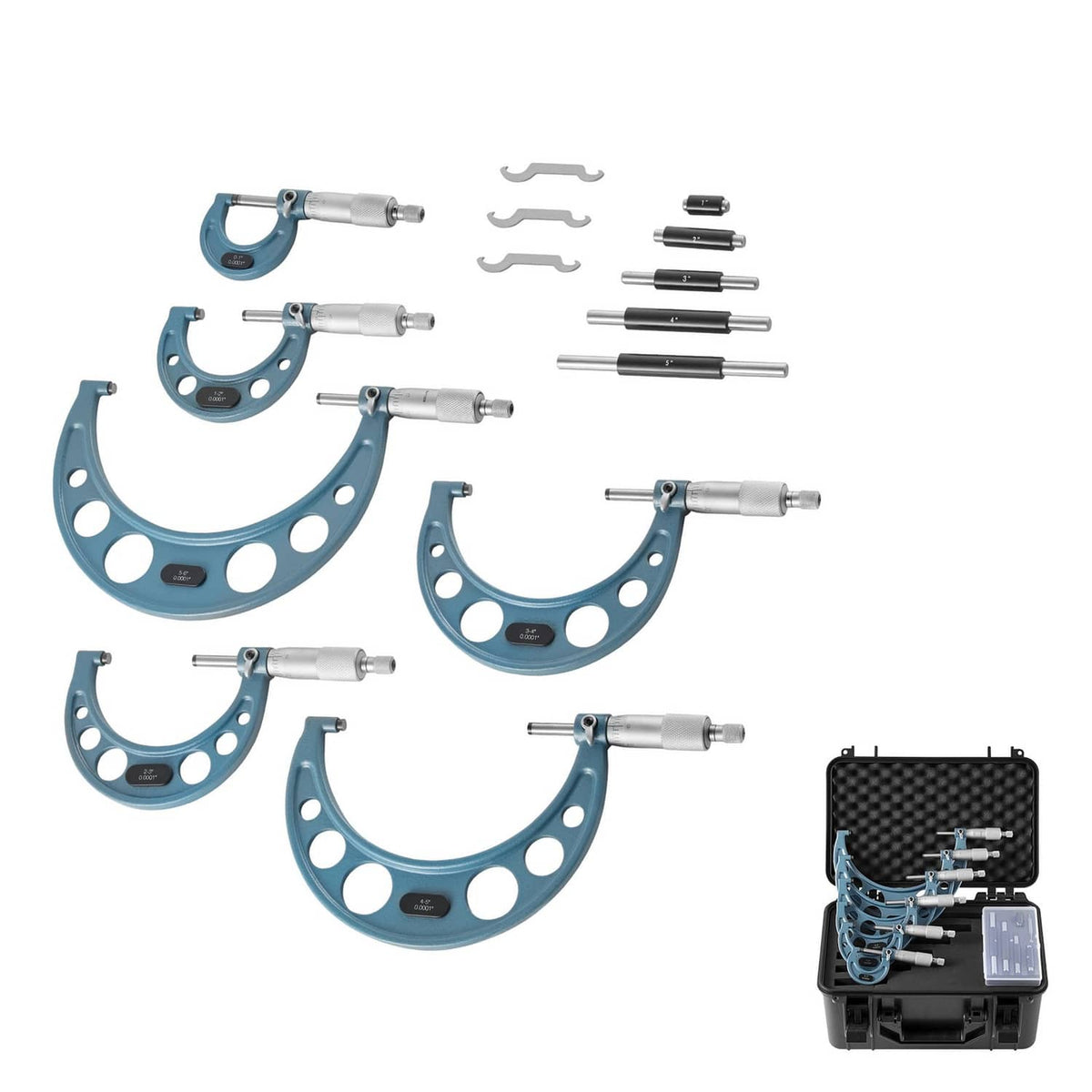 Uimoso precision micrometer set with six blue outside micrometers and accessories