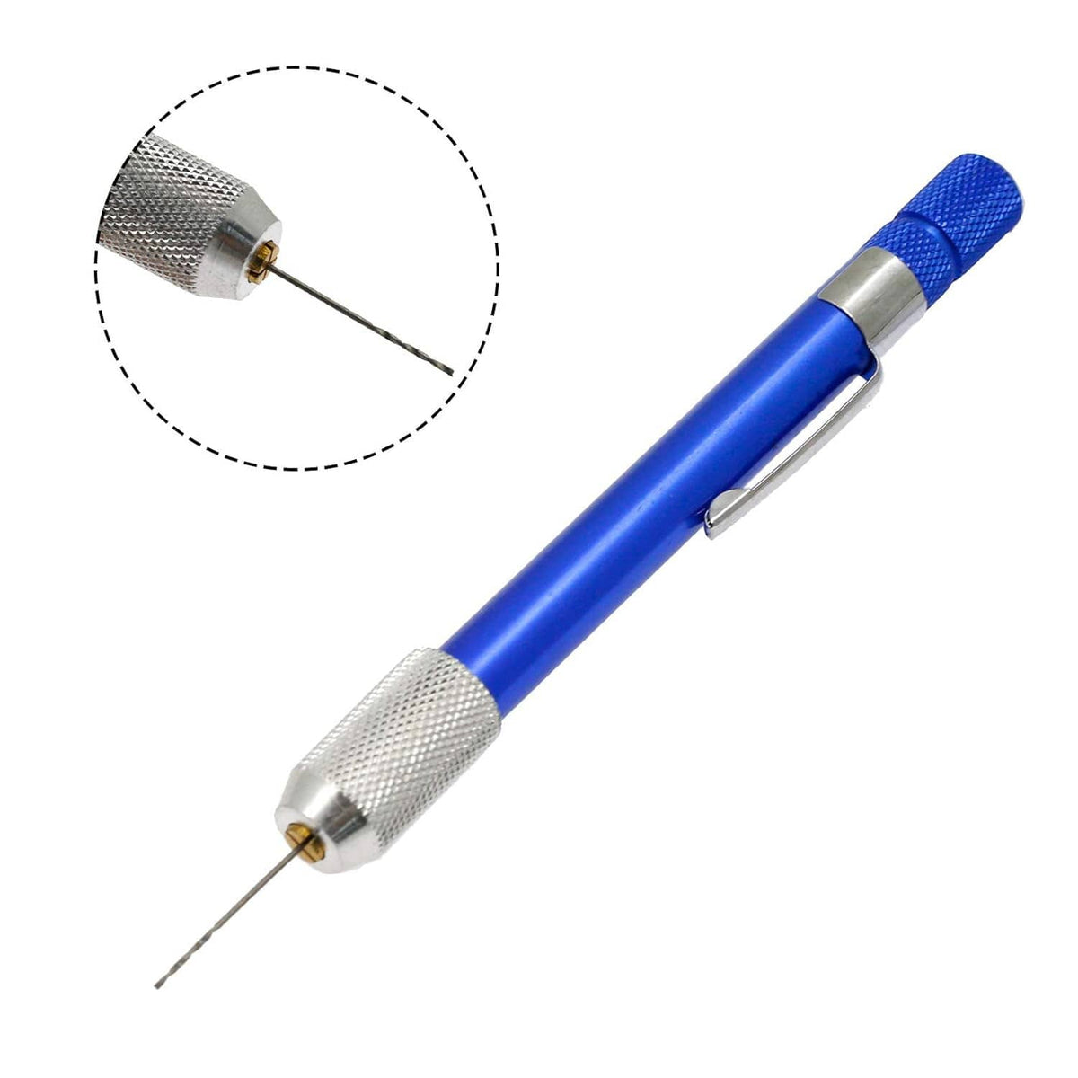 Mini pin vise holding a metal micro twist drill bit, close-up of chuck