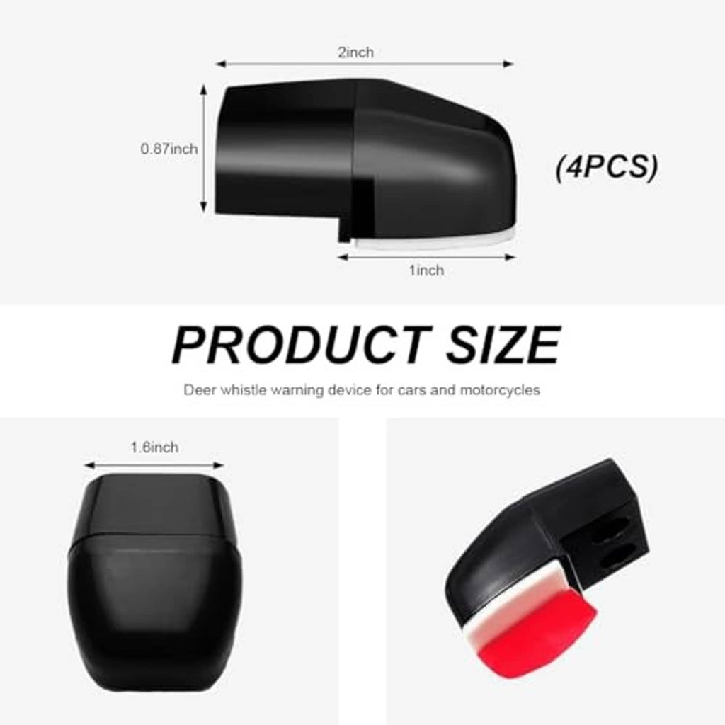 Black deer warning whistle with red insert; product size diagram for 4 pieces.