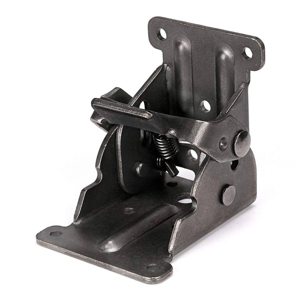 Folding table leg bracket hinge with self-lock spring latch, dark metal with mounting holes