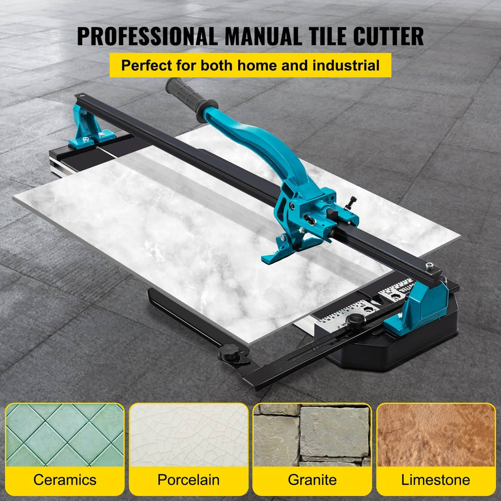 Professional manual tile cutter with black base and teal frame, set for long straight cuts