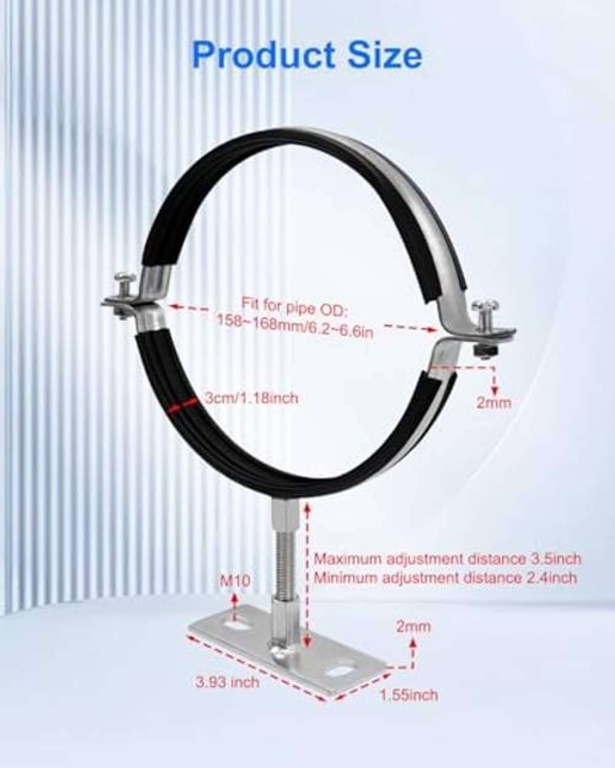 Adjustable pipe bracket set with curved black support pads, threaded posts, and mounting plates
