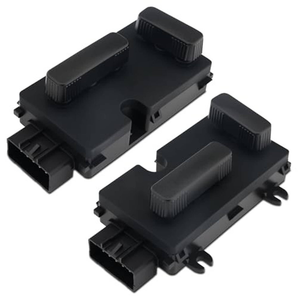 Pair of black power seat switch modules with ribbed levers and wiring plugs