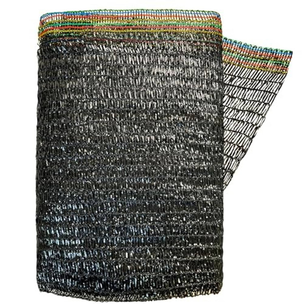 Rolled black sunblock mesh shade cloth with multicolor stitched border