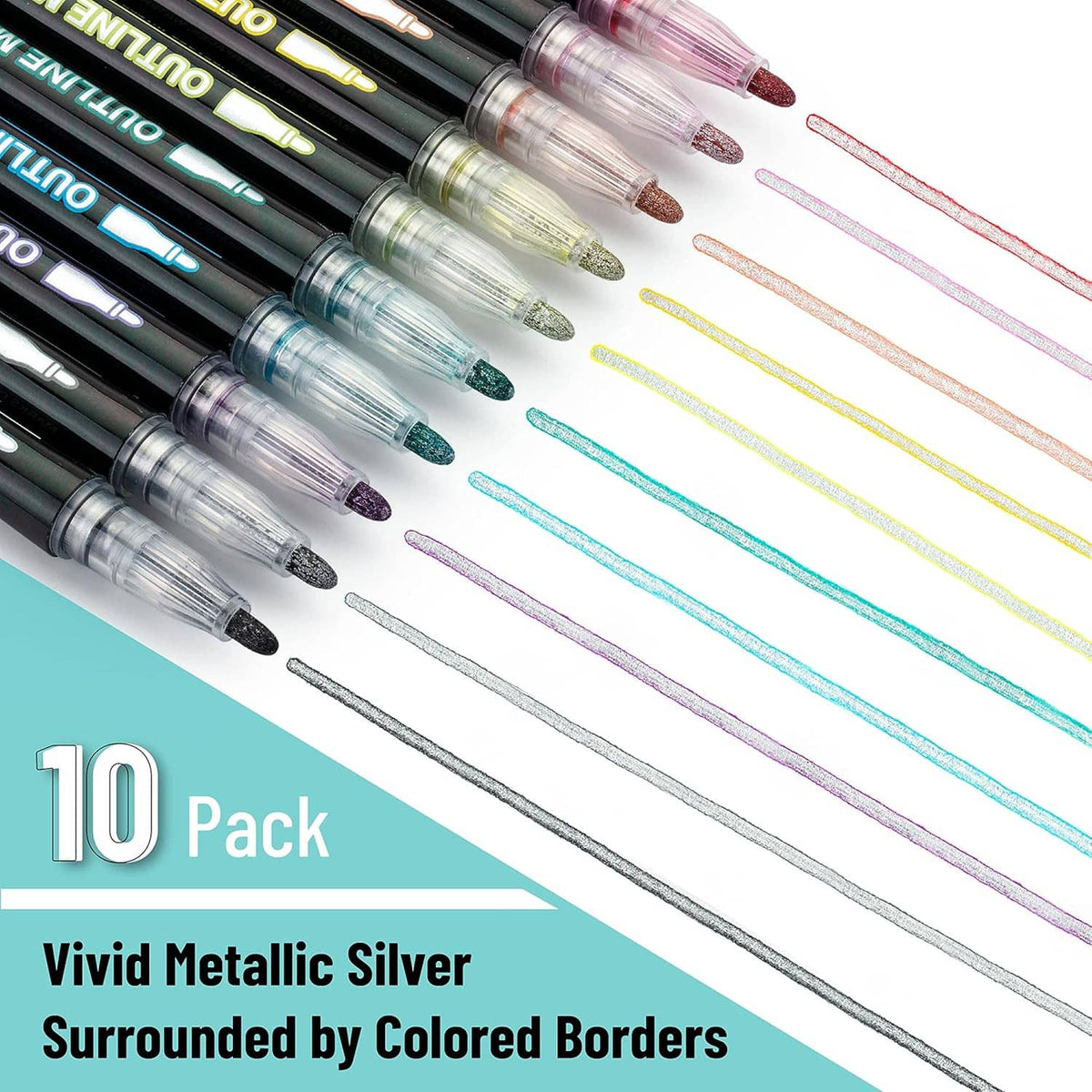 Metallic dual-line markers with fine tips in silver and colored outline tones.