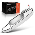 Silver exterior door handle with chrome trim, rear left side mount for car door.