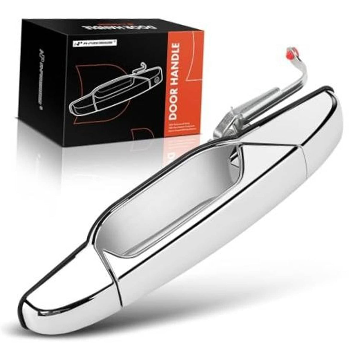 Silver exterior door handle with chrome trim, rear left side mount for car door.
