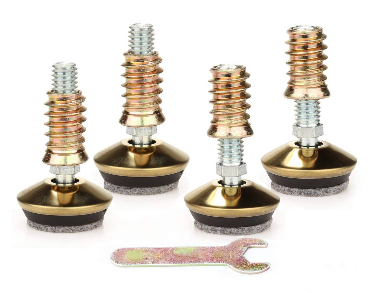 Adjustable leveling legs with gold bases, threaded posts, felt pads, and open wrench