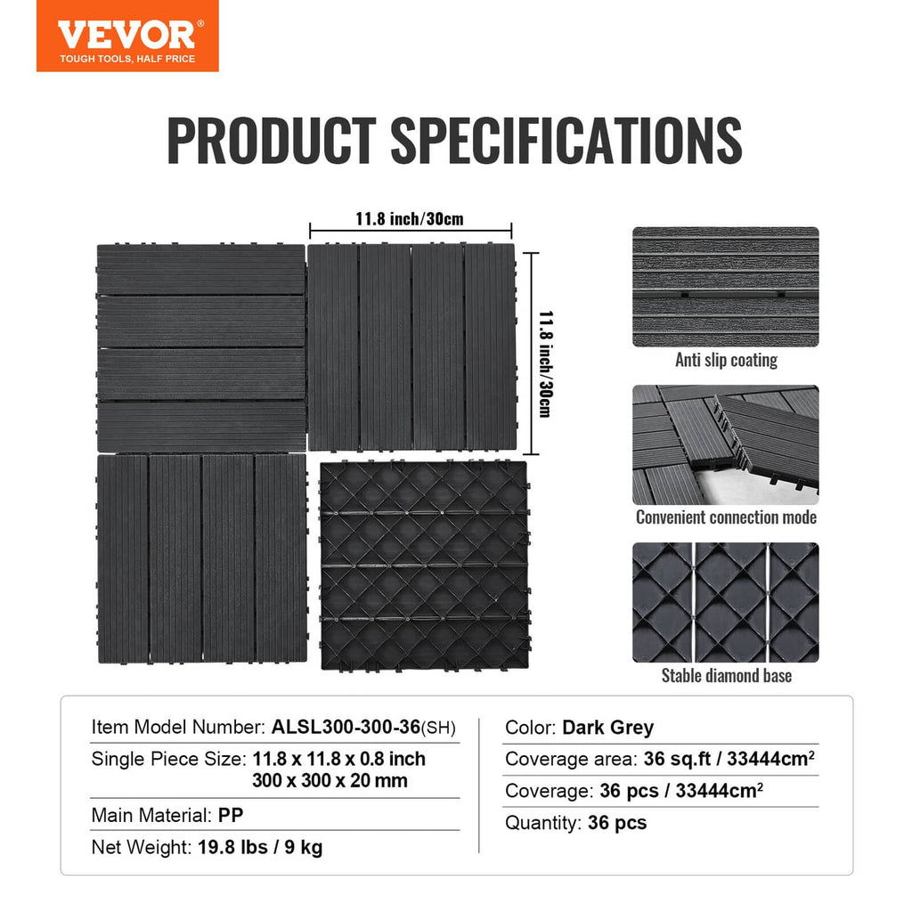 Dark grey interlocking deck tile pack layout, ribbed top with connecting tabs