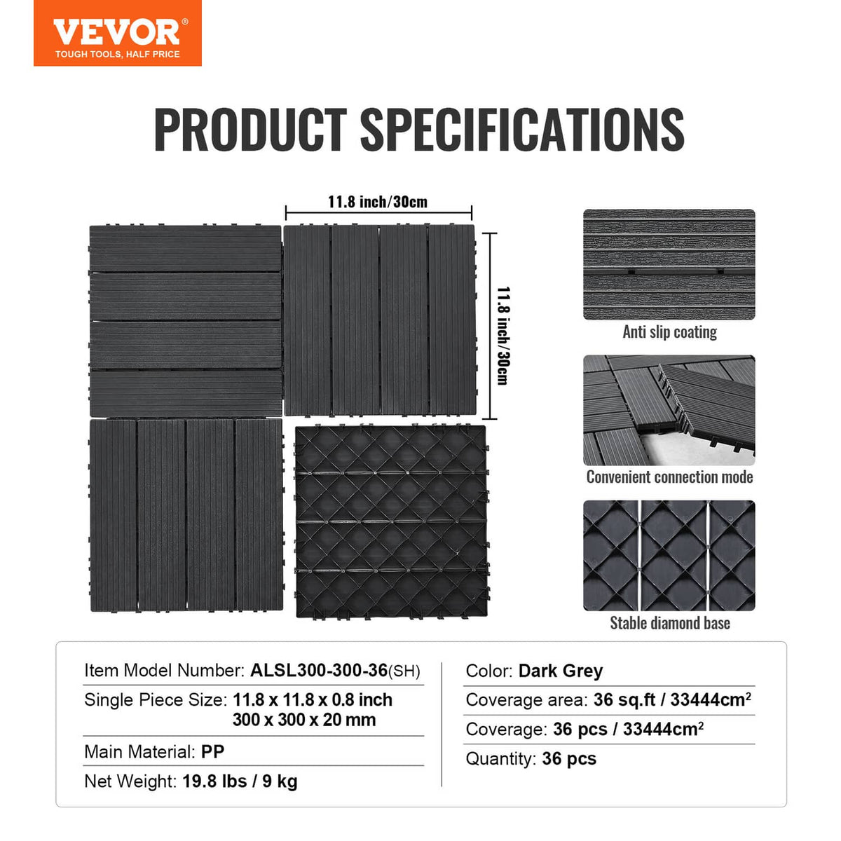 Dark grey interlocking deck tile pack layout, ribbed top with connecting tabs