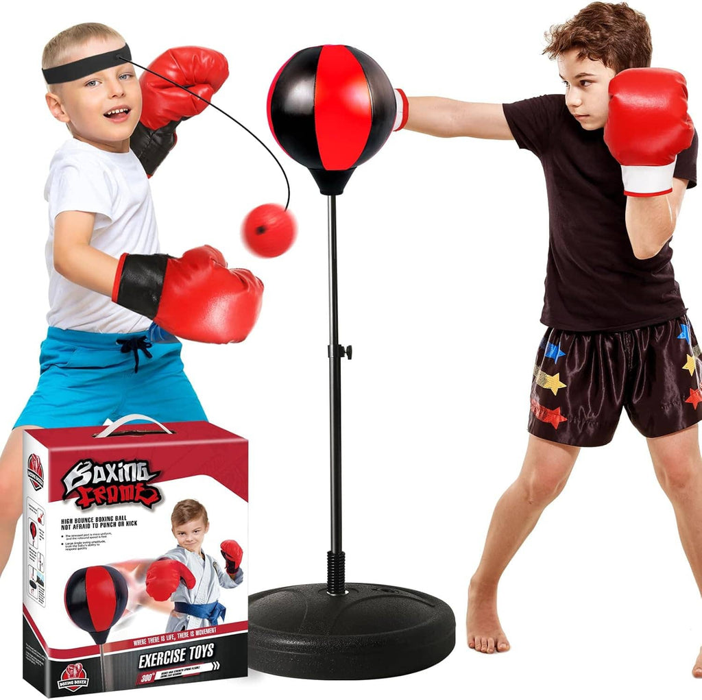 Kids boxing set with reflex punching bag and 2 red boxing gloves, worn by two children