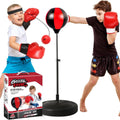 Kids boxing set with reflex punching bag and 2 red boxing gloves, worn by two children