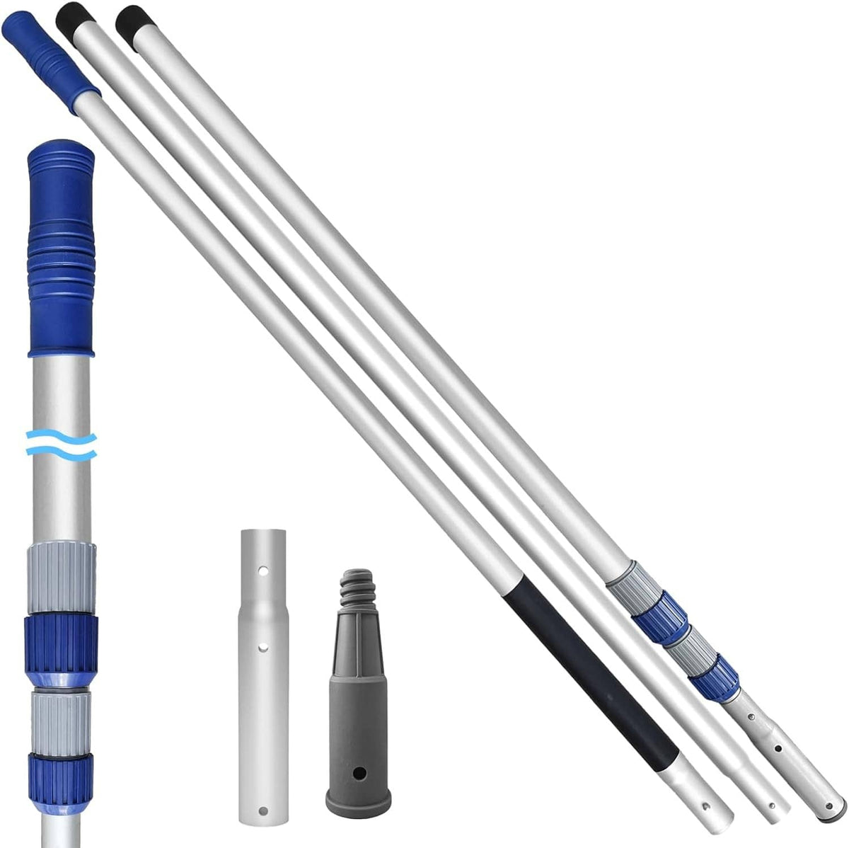 3-piece telescopic pool cleaning pole, silver shaft with blue grip and end caps