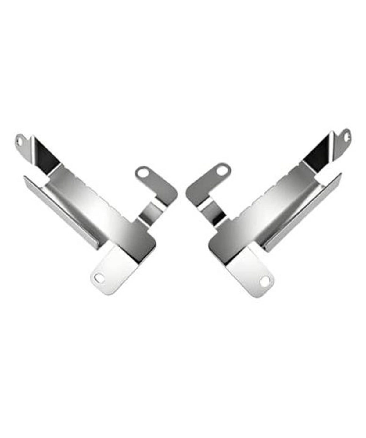Angled view of silver bumper air deflector shields with mounting tabs, set of two