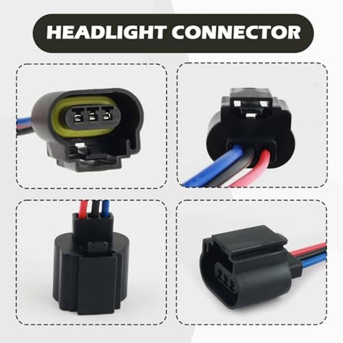 Headlight female connector set shown from front and side with black plug housing