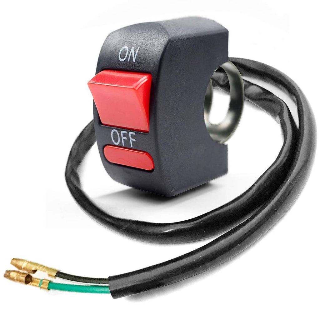 Motorcycle handlebar push-button switch housing with red ON and OFF rockers, with wires