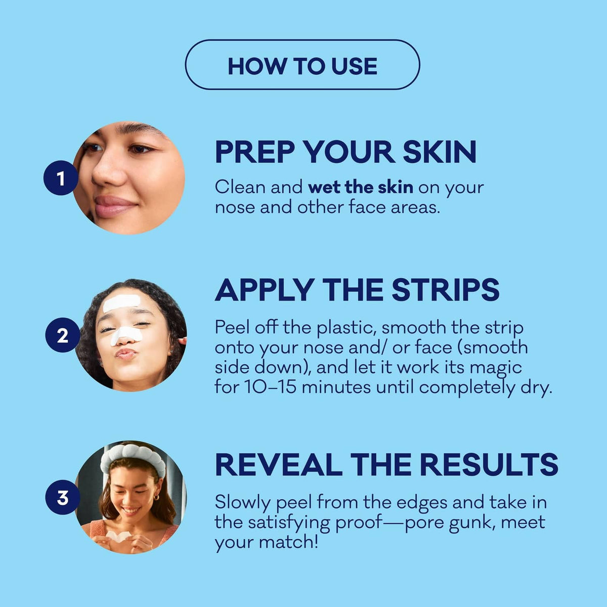 How-to panel showing a white pore strip being applied to nose and face