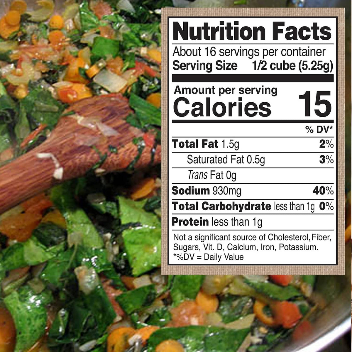 Nutrition Facts label for veggie bouillon cubes, 1/2 cube serving, 15 calories