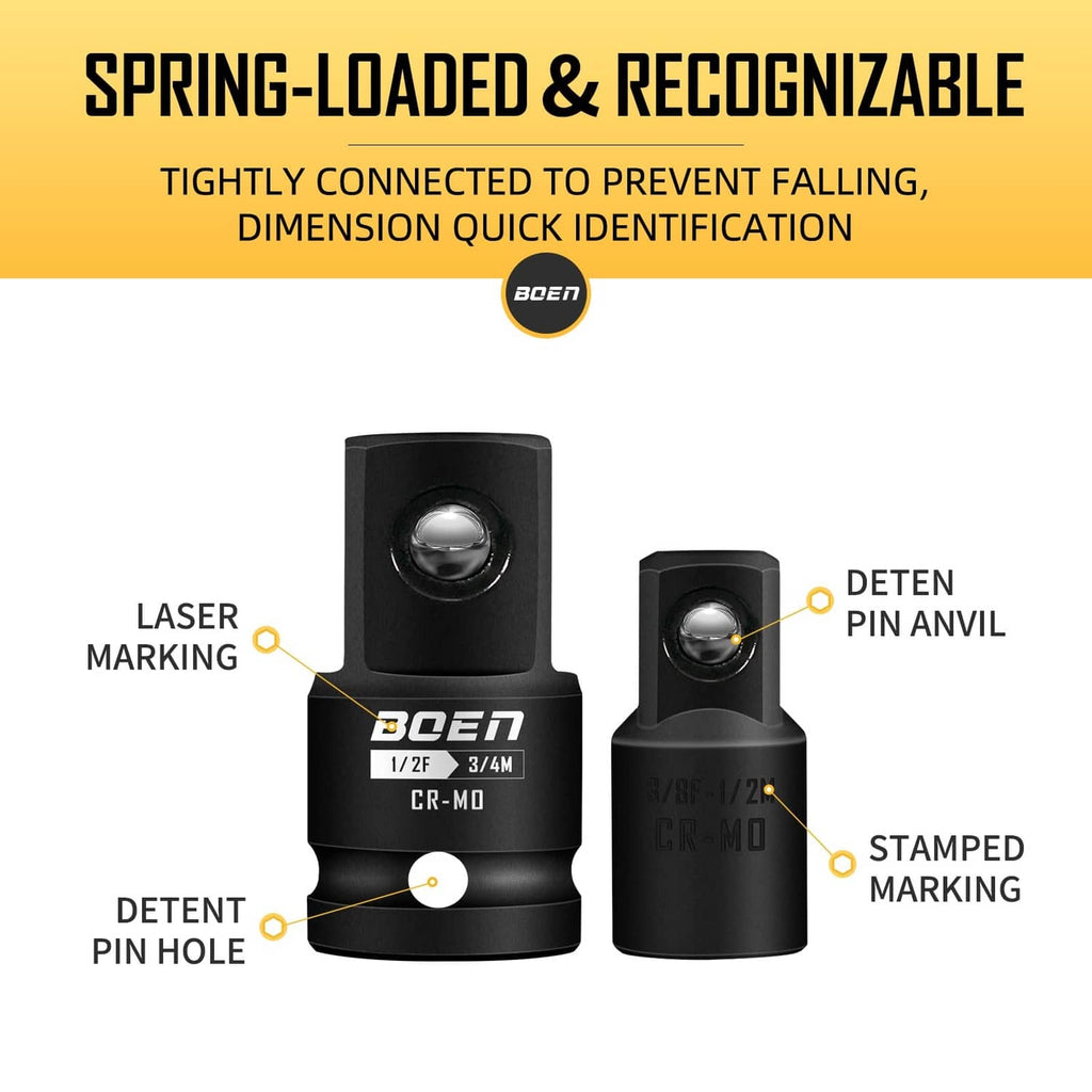 Black impact socket adapters highlighting detent pin hole and stamped markings on heads