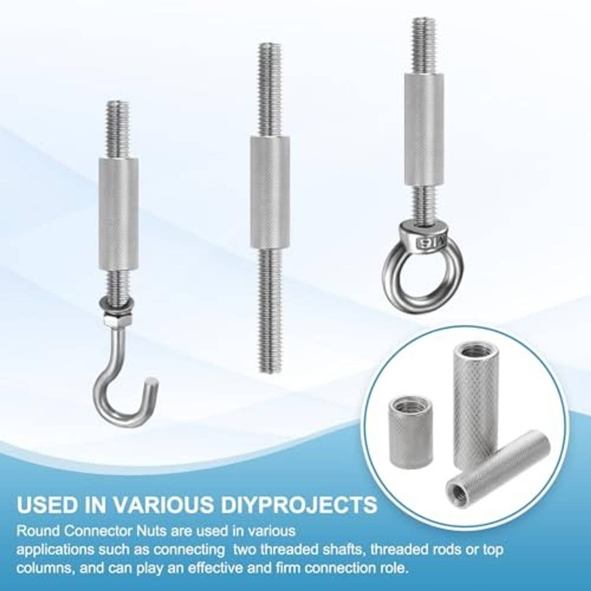 Round knurled connector nuts attached to threaded rods, silver metal, internal threads