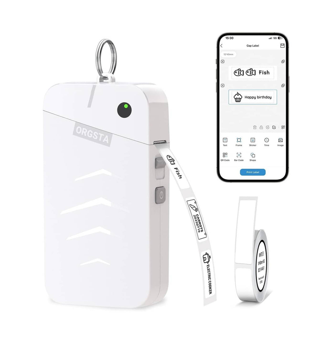 White ORGSTA portable label maker with hanging loop and label tape roll