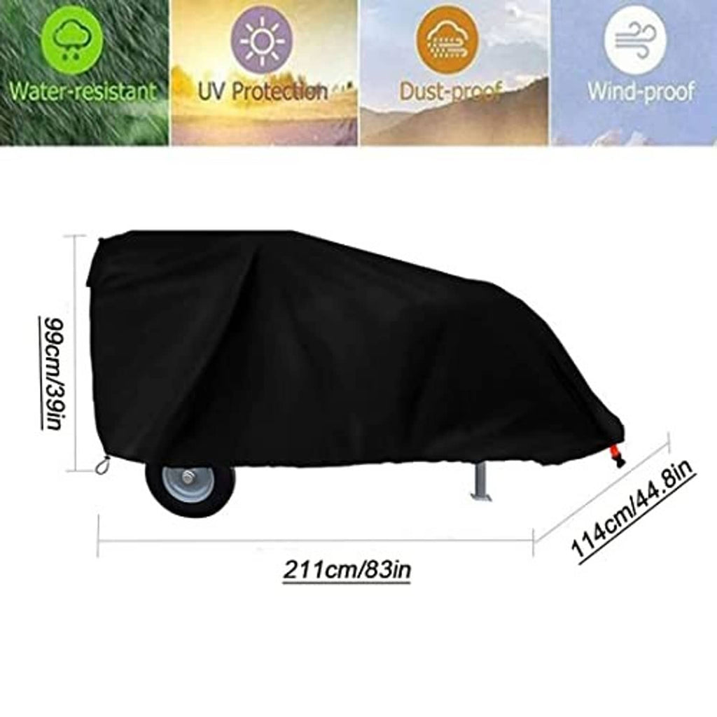 Black log splitter cover with hood over splitter; size measurement diagram