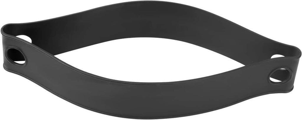 Black firefighter helmet band strap with two side grommet holes, angled view