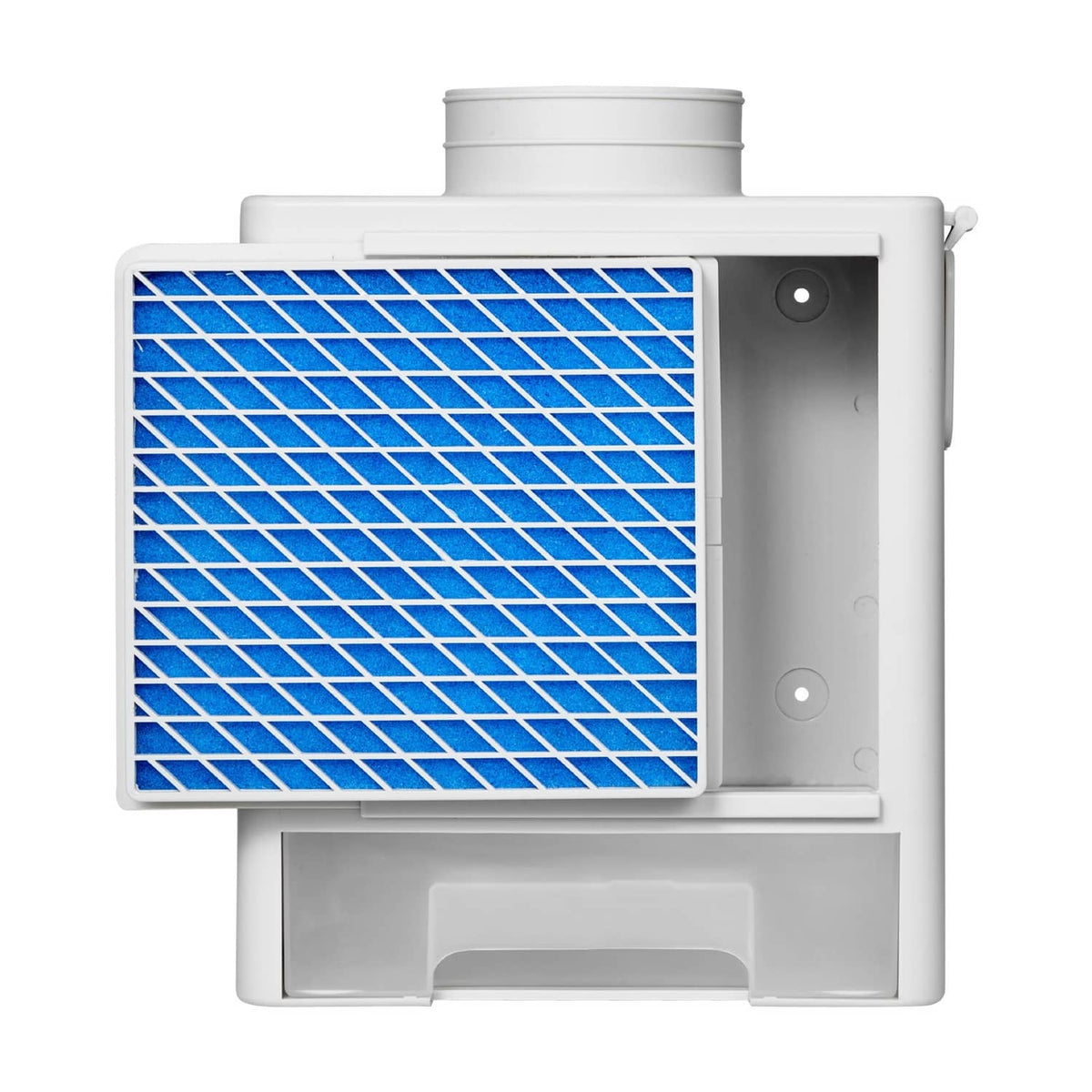 Indoor dryer vent kit housing with blue filter grid, top duct collar, water drawer
