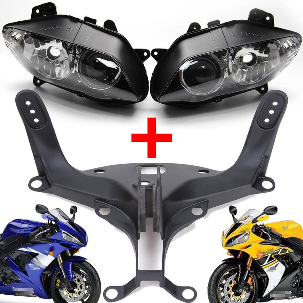 Black front headlight assembly with clear lenses and attached upper stay bracket
