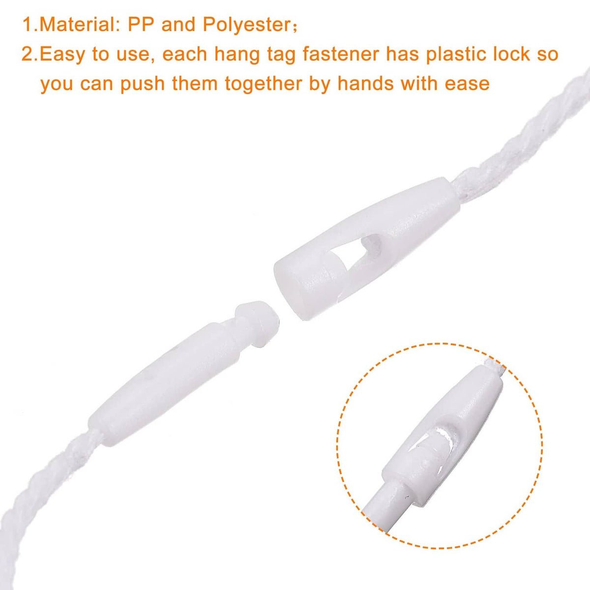 White plastic snap-lock connector on polyester rope loop for attaching hang tags