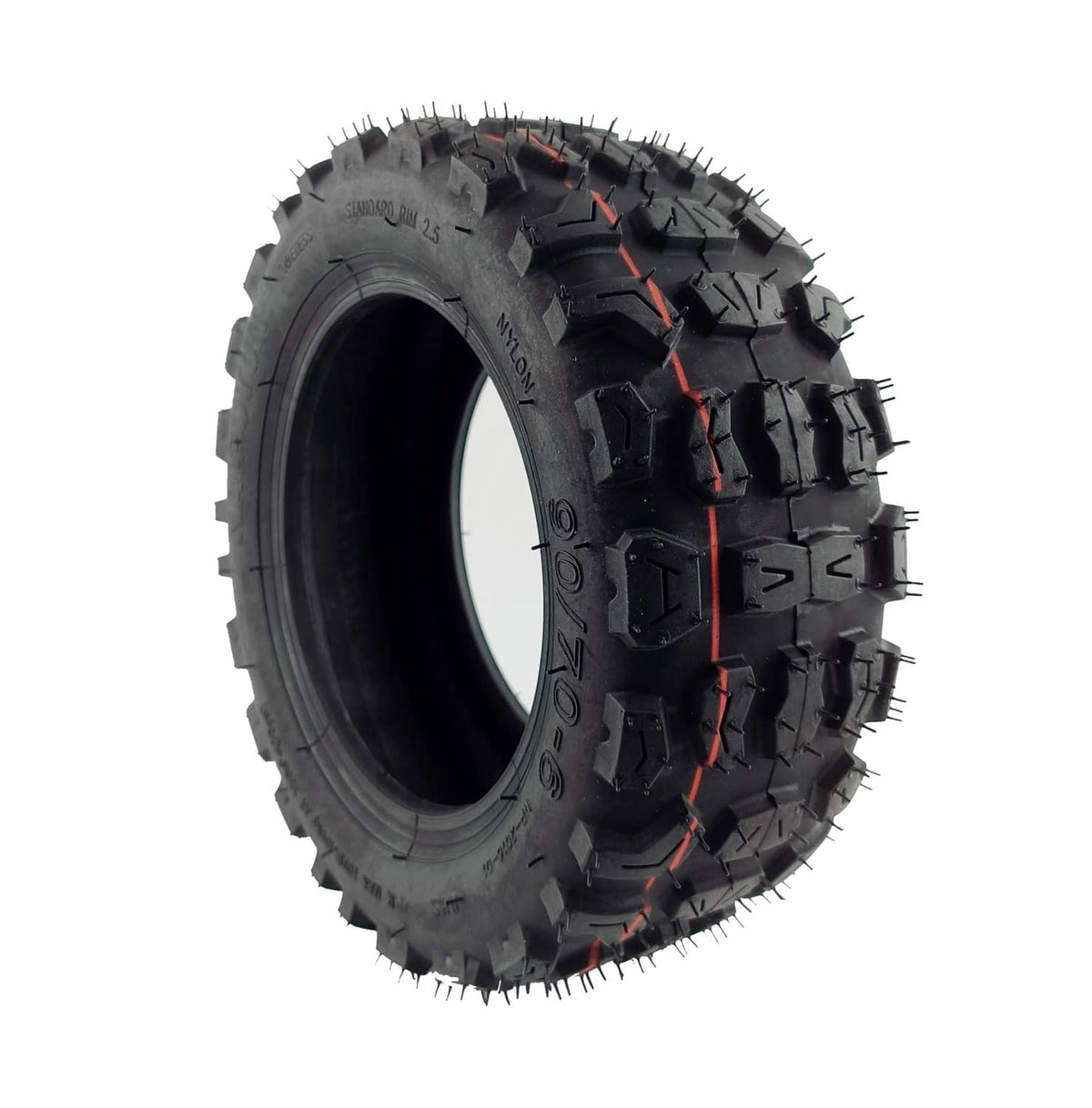 Off-road tire side view with black tread, red accents, and studded traction lugs