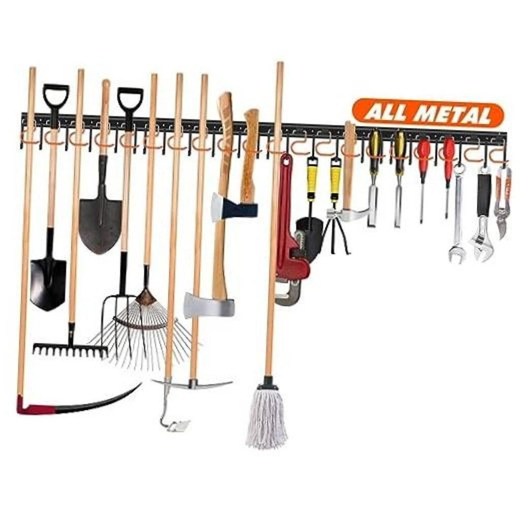 Metal garden tool organizer rack with multiple hooks holding shovels, rakes, and hand tools