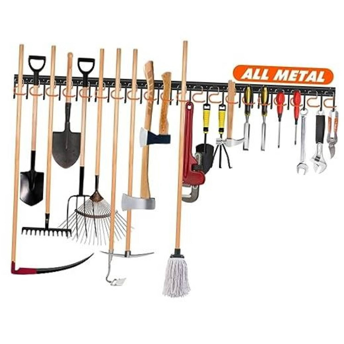 Metal garden tool organizer rack with multiple hooks holding shovels, rakes, and hand tools