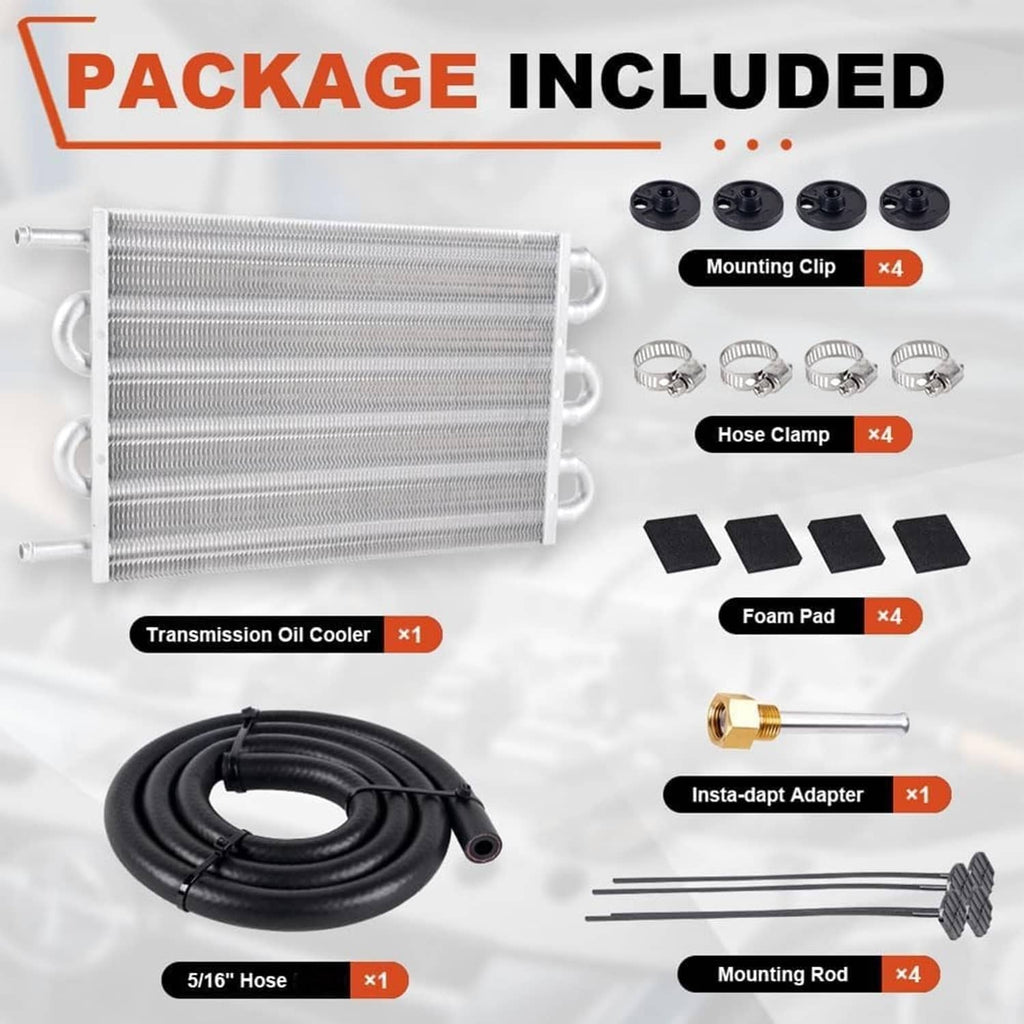 Transmission oil cooler kit with mounting clips, foam pads, hose clamps, and adapter