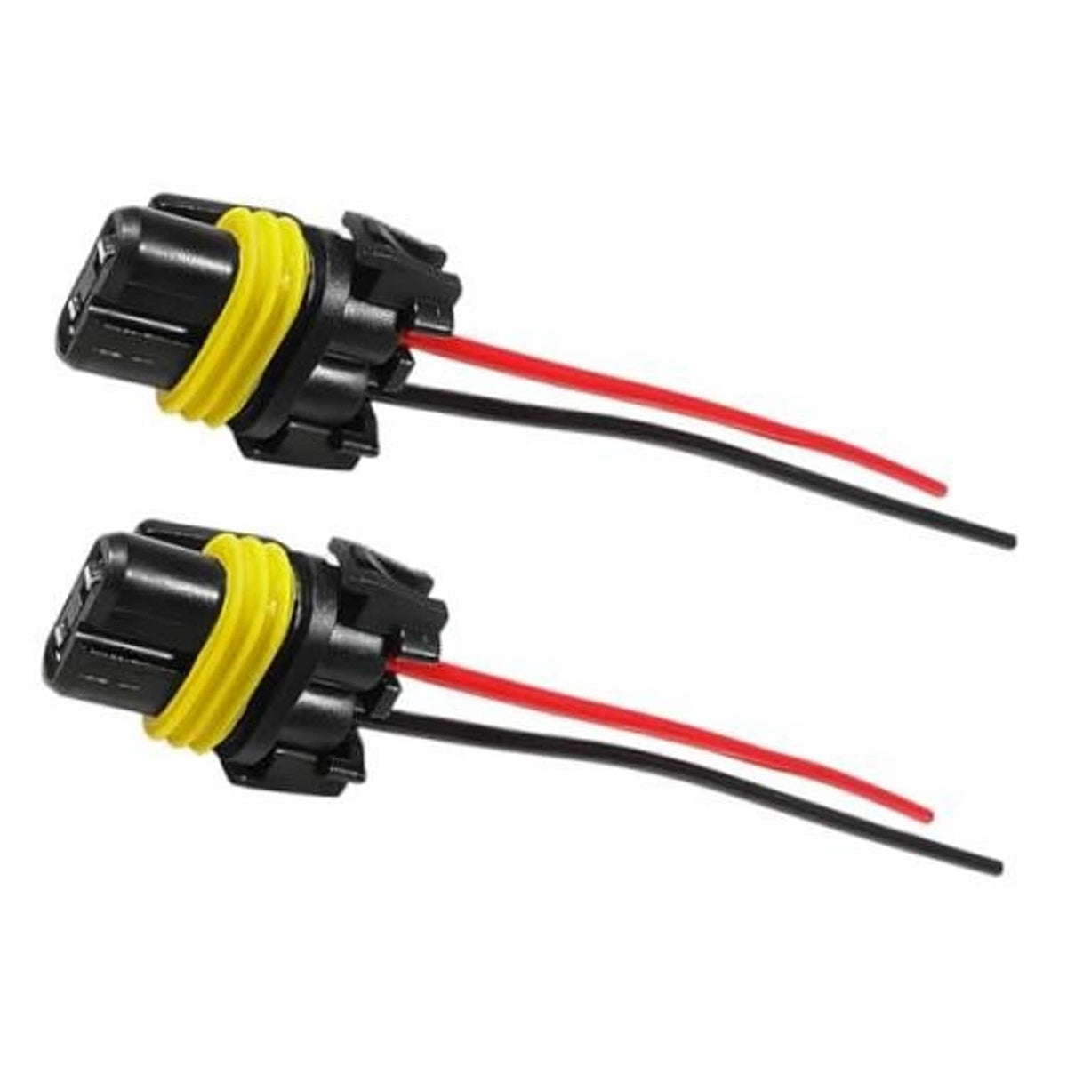 Pair of car headlight wiring harness connectors with yellow-black sockets and red/black wires