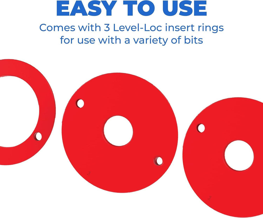 Set of three red router insert rings with different opening sizes