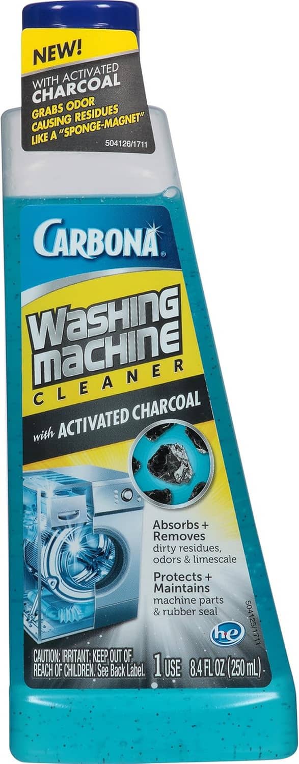 Washing machine cleaner bottle front with blue cap and teal base