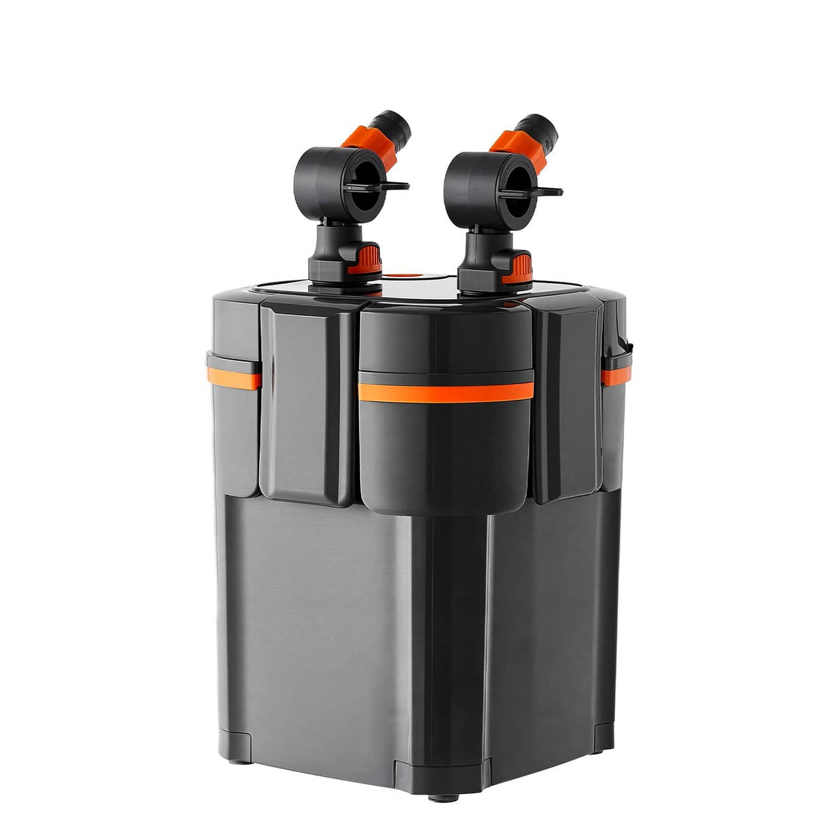 External aquarium canister filter with black body, orange accents, two inlet/outlet ports