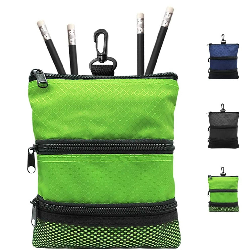 Bright green golf pouch bag with three zipper pockets and carabiner clip, holding pencils